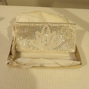 + Vintage Sharonee White Evening Party Clutch Lotus Beads Iridescent Sequins Box